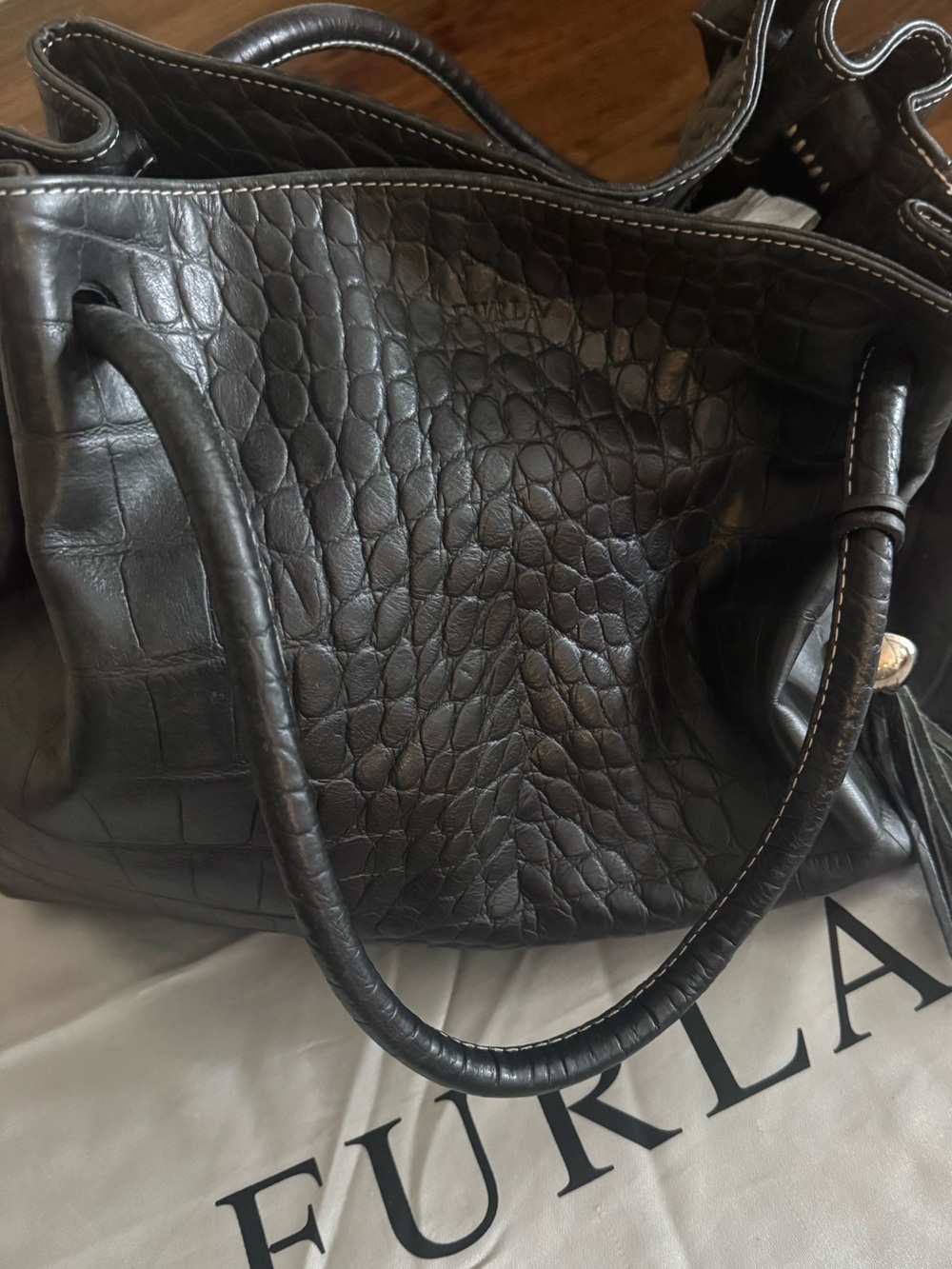 Furla Black Croc-Texture Shoulder Bag